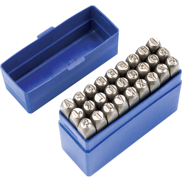 Steel letter punch stamp set in blue plastic case
