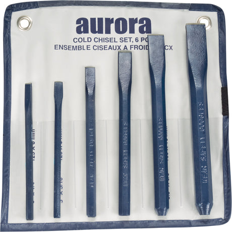 Jeu de 6 ciseaux à froid en acier avec différentes largeurs, fournis dans une pochette blanche et bleue.