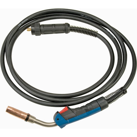 Pistolet de soudage MIG noir avec poignée bleue et rouge, câble flexible et buse en cuivre détachable.